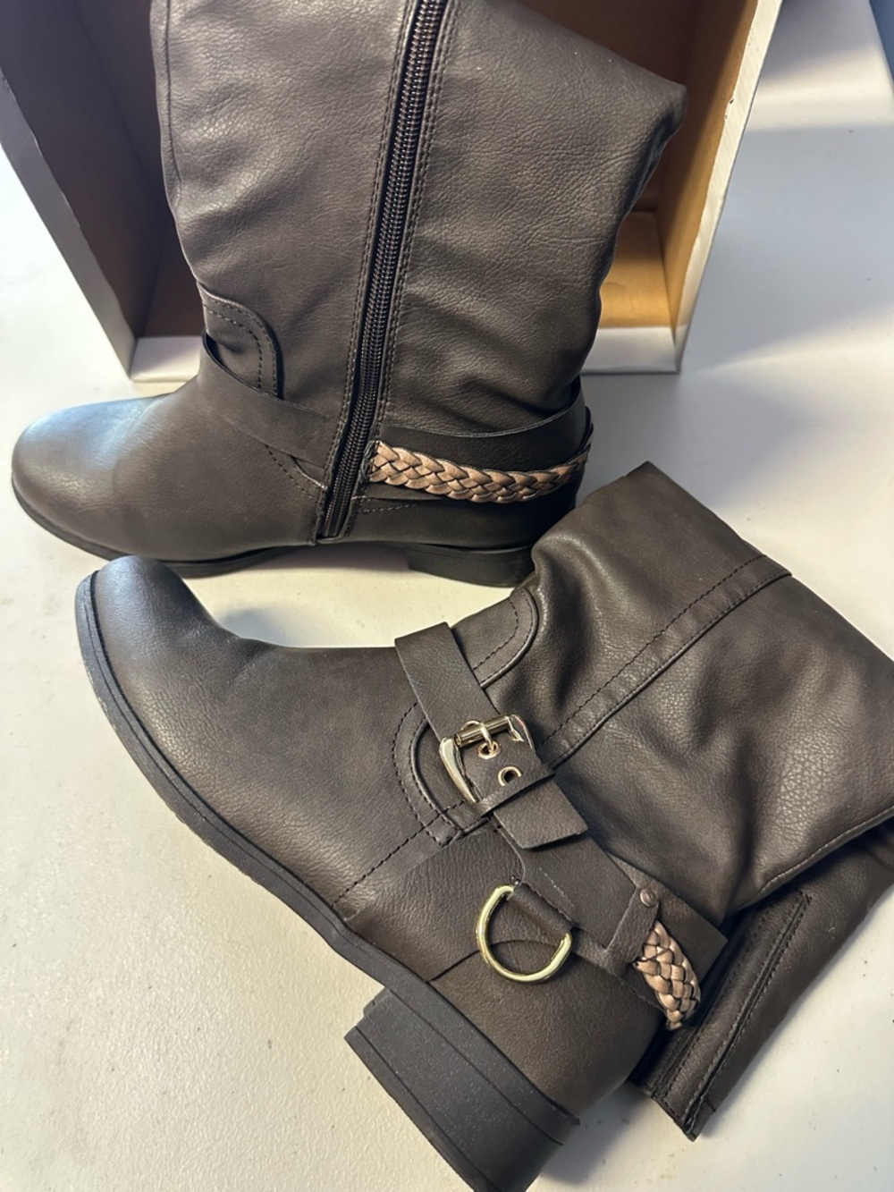XOXO Dark Brown Mid-Calf Braided Strap Heeled Boots
